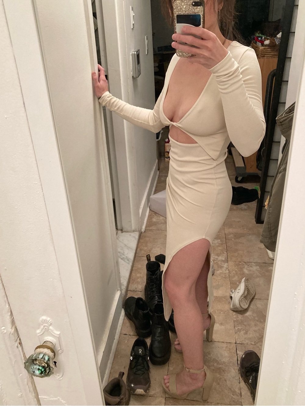 PrettyLittleThing Beige Cutout Long Sleeve Maxi Dress with side slit